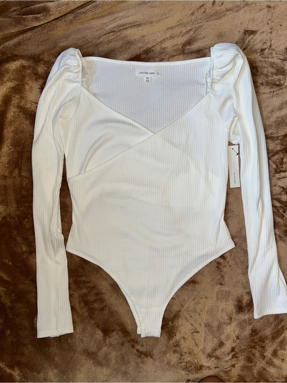 Lani The Label Puff Sleeve Ribbed Crossover Bodysuit